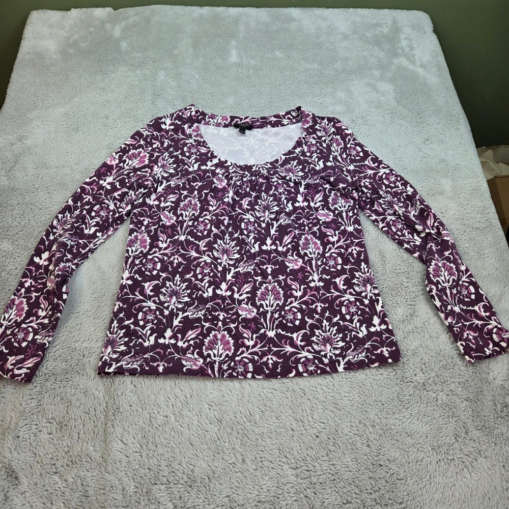 Talbots Floral Damask Top Womens Sz P Scoop Neck Long Sleeve Stretch Knit Purple
